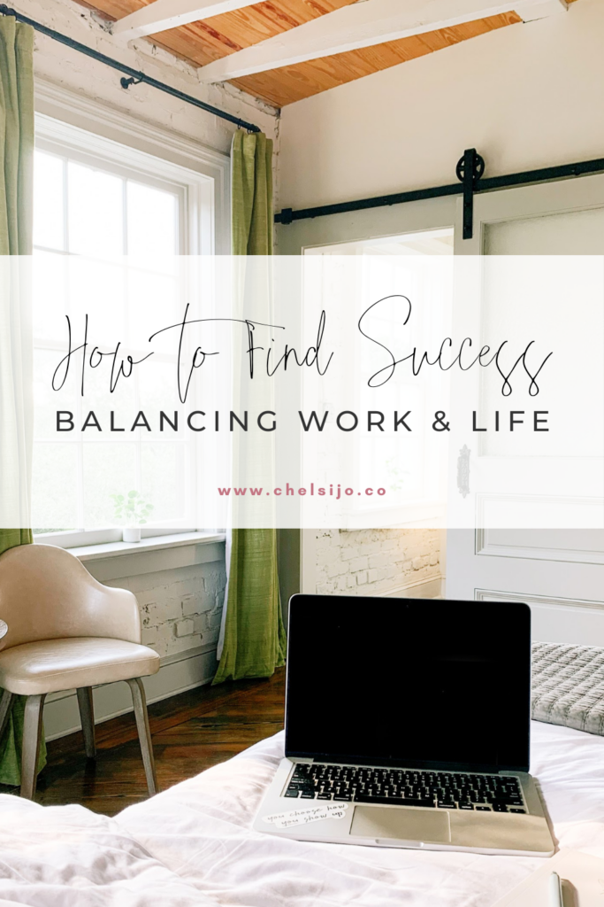 Text reading How to Find Success Balancing Work and Life overlays a photo of a laptop on a bed