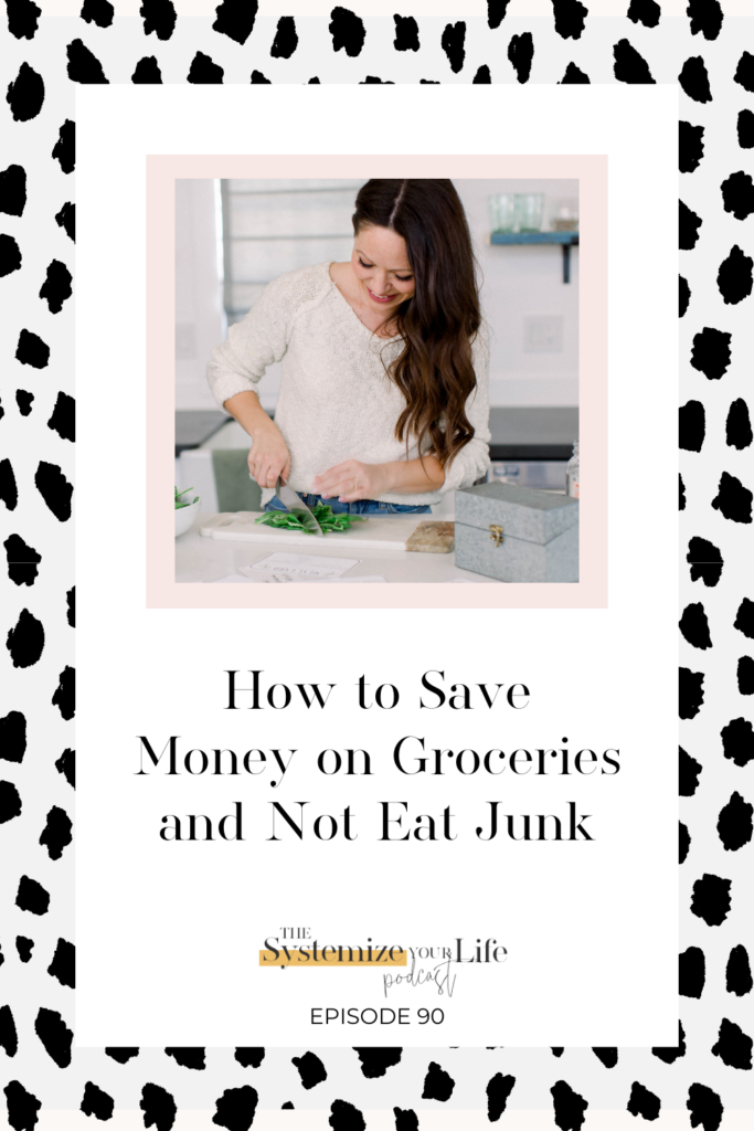 Chelsi chops some greens by a recipe box, text reads how to save money on groceries and not eat junk